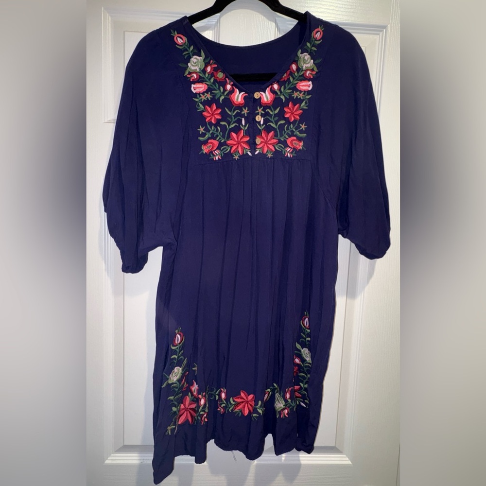 Navy Floral Embroidered Boho Dress